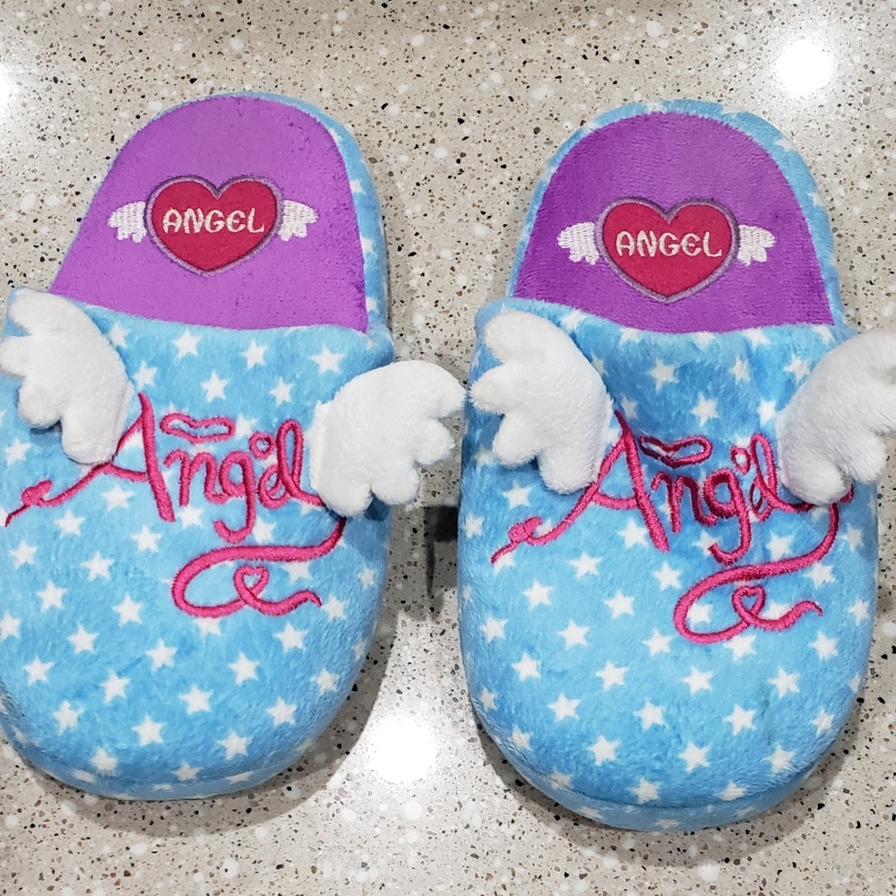 ANGEL Pink blue and purple Fuzzy Slippers. size 5 women's /ANGEL SLIPPERS.